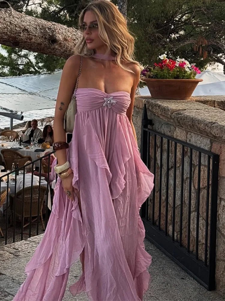 Pink Ruffle Halter Beach Dress - HalleBeauty